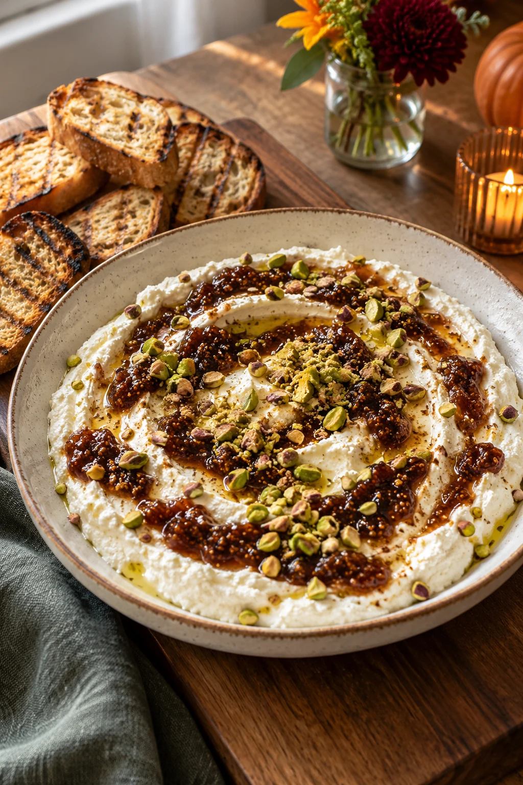 Whipped ricotta spread swirled with fig jam and topped with pistachios