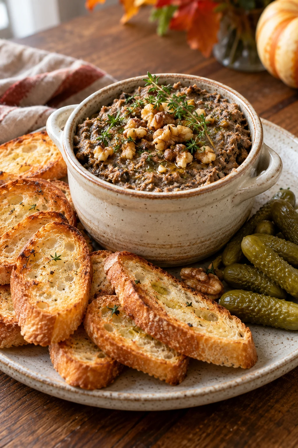 Rustic mushroom walnut pate in a small crock with toast and cornichons