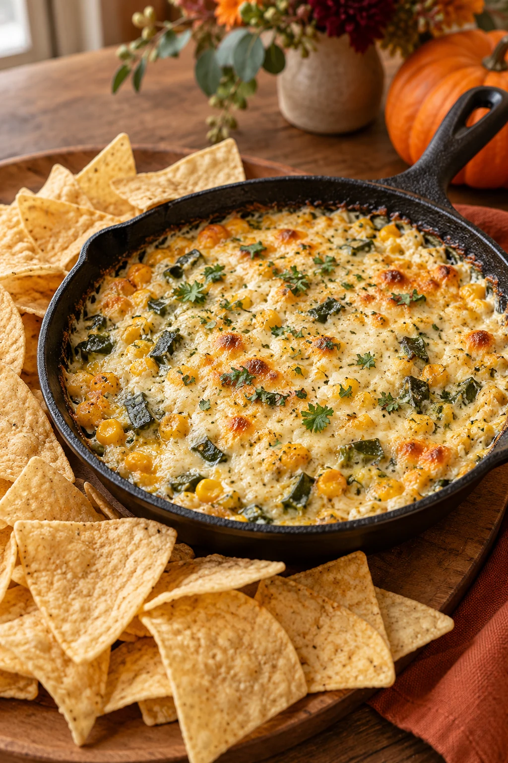 Warm corn and roasted poblano dip with melted cheese and tortilla chips