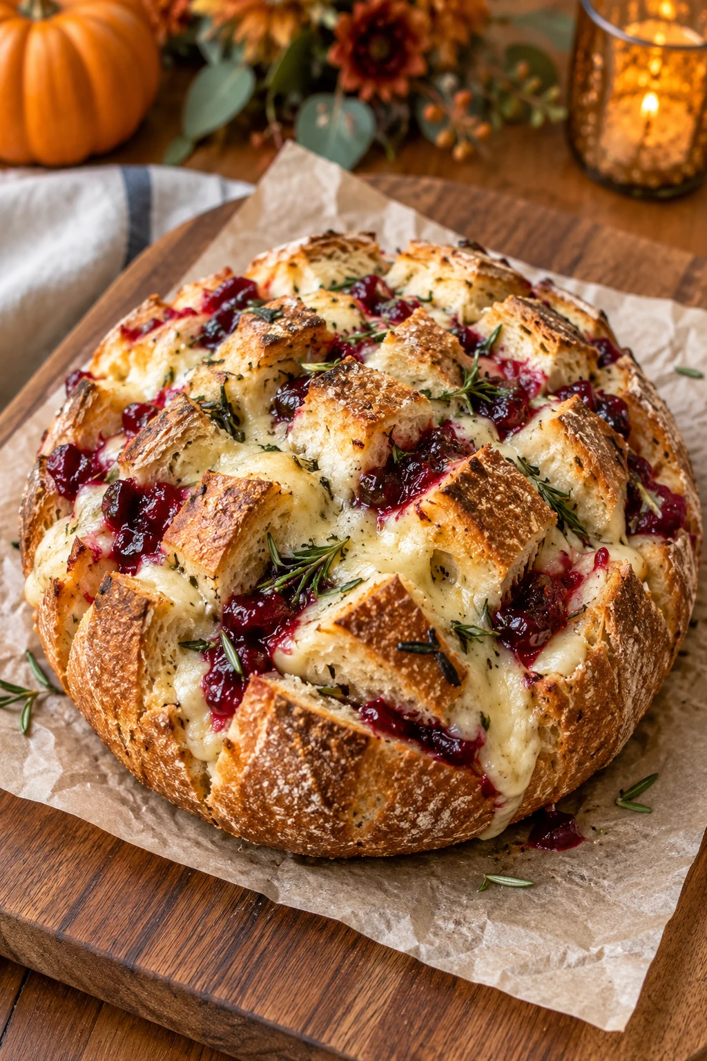 Golden pull-apart bread filled with cranberry cheese and rosemary