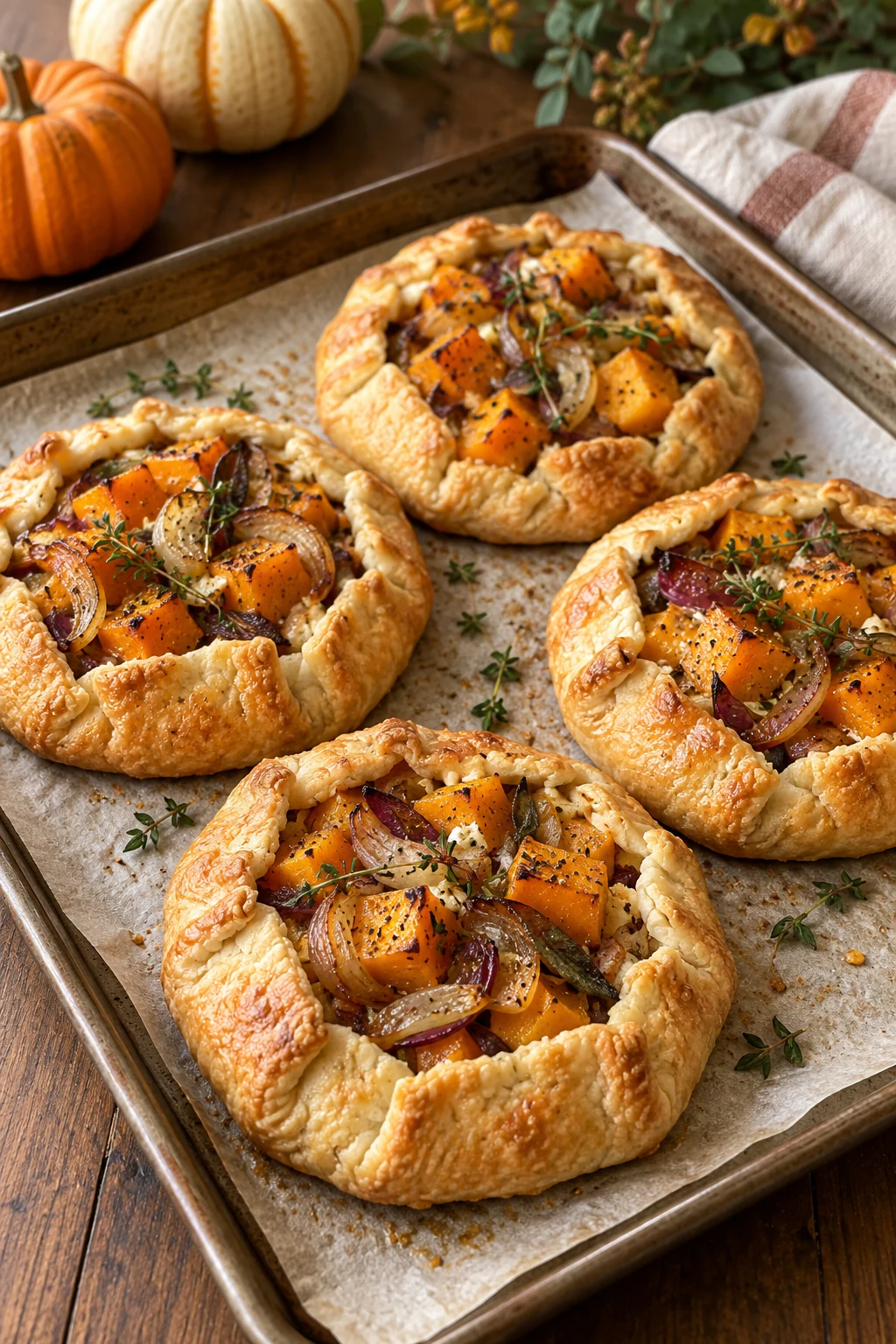Individual rustic galettes filled with butternut squash onion and herbs