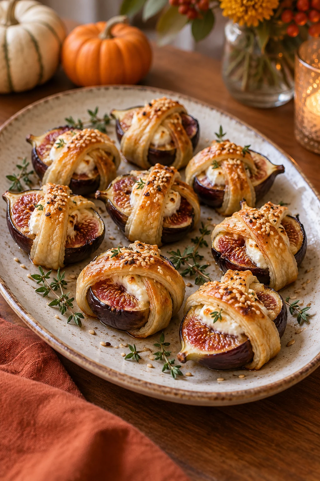 Small pastry-wrapped figs with goat cheese and sesame seeds