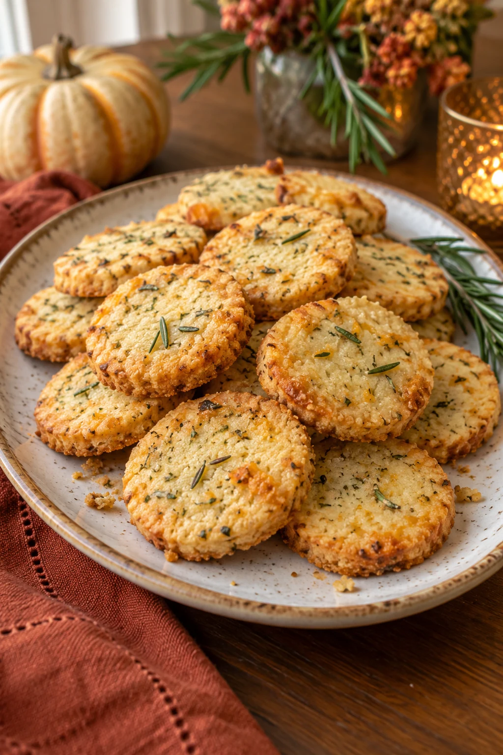 Savory rosemary cheddar shortbread coins stacked on a small platter