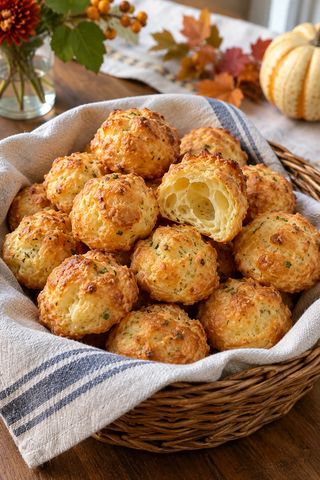 Light golden Parmesan herb gougeres piled in a linen-lined basket