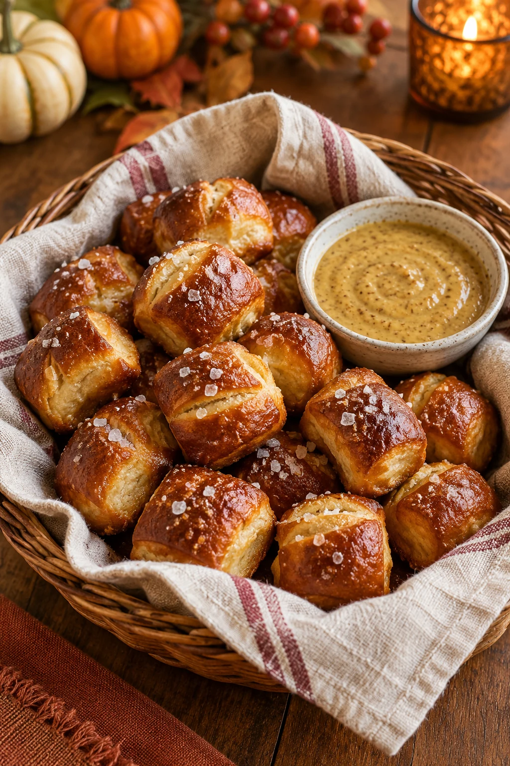 Warm soft pretzel bites with flaky salt beside a bowl of cider mustard