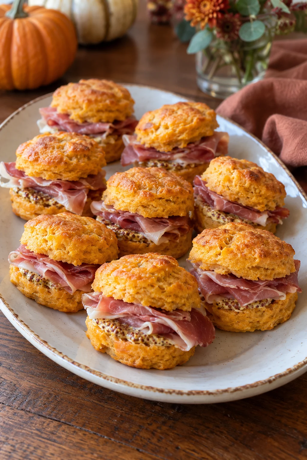 Mini sweet potato biscuits filled with thin country ham and mustard