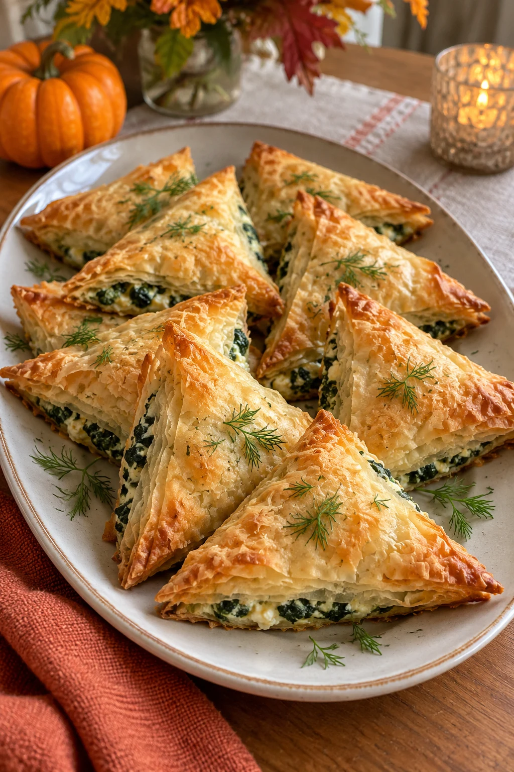 Golden triangular spinach feta hand pies with flaky pastry layers