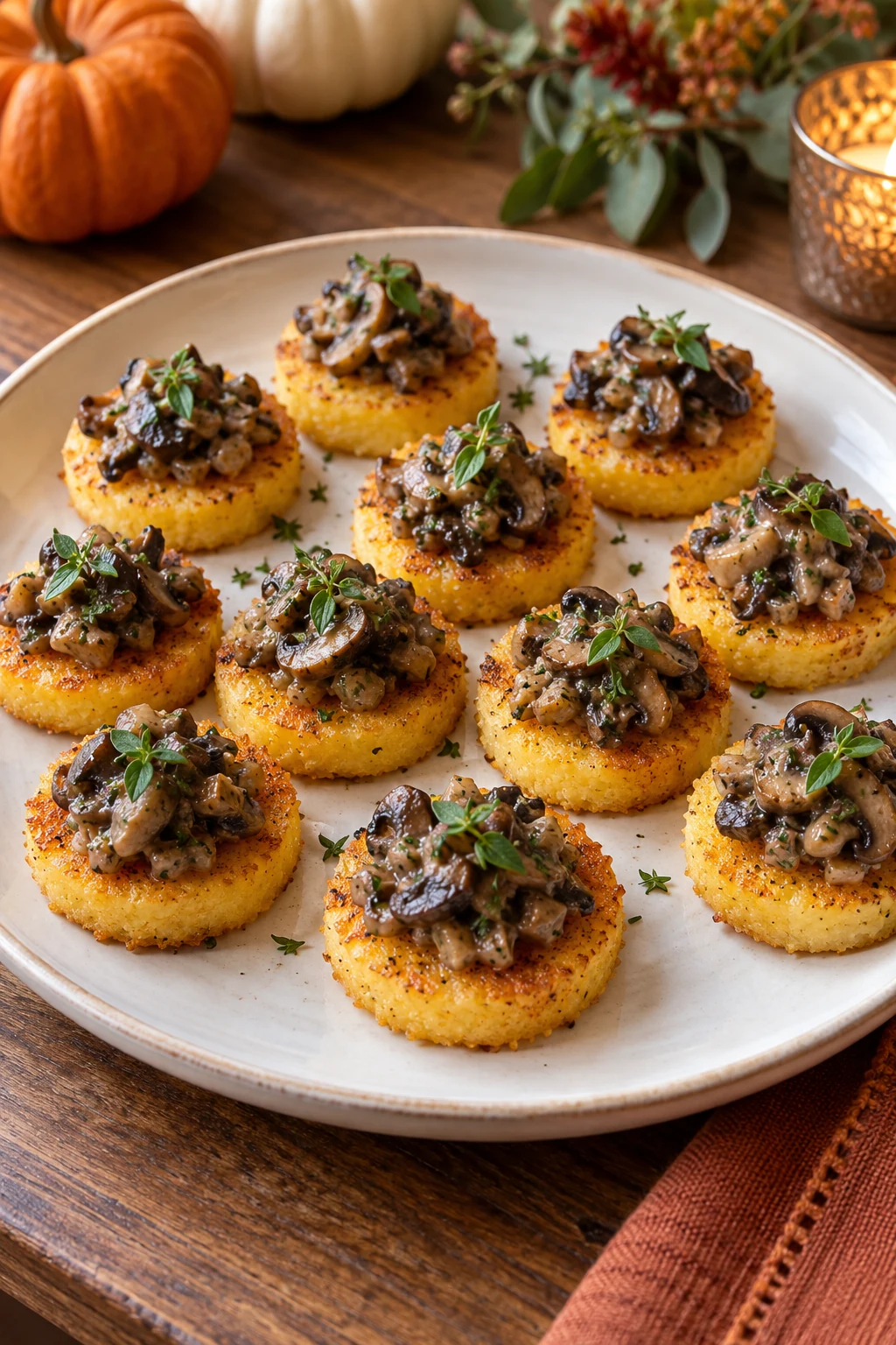 Crisp Parmesan polenta rounds topped with savory mushroom ragout