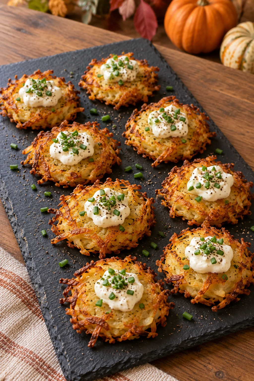 Mini potato rosti bites topped with sour cream chives and pepper