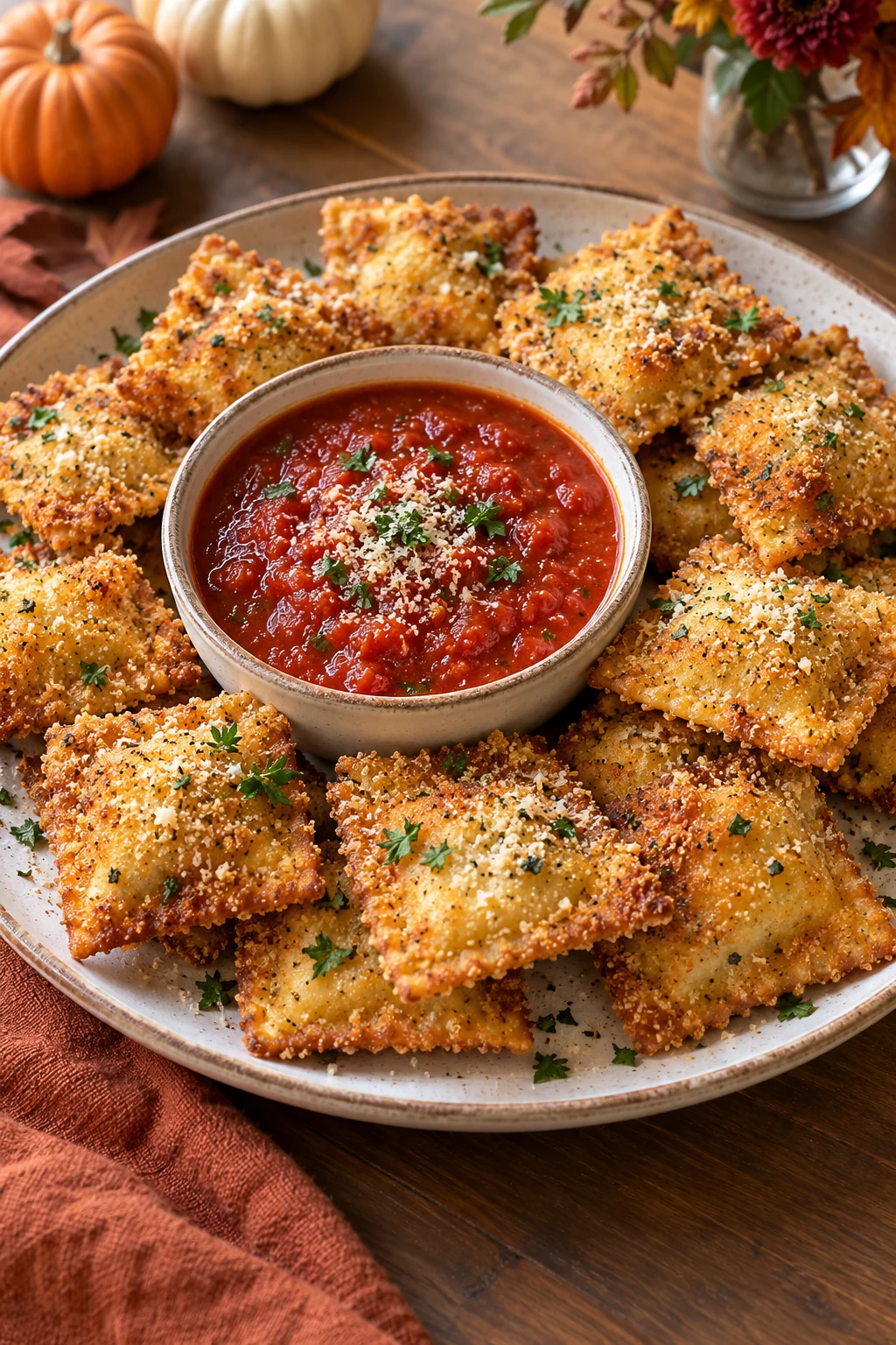 Breaded crispy ravioli with Parmesan parsley and warm marinara dip