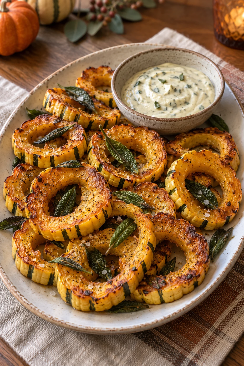 Golden roasted delicata squash rings beside a bowl of sage aioli