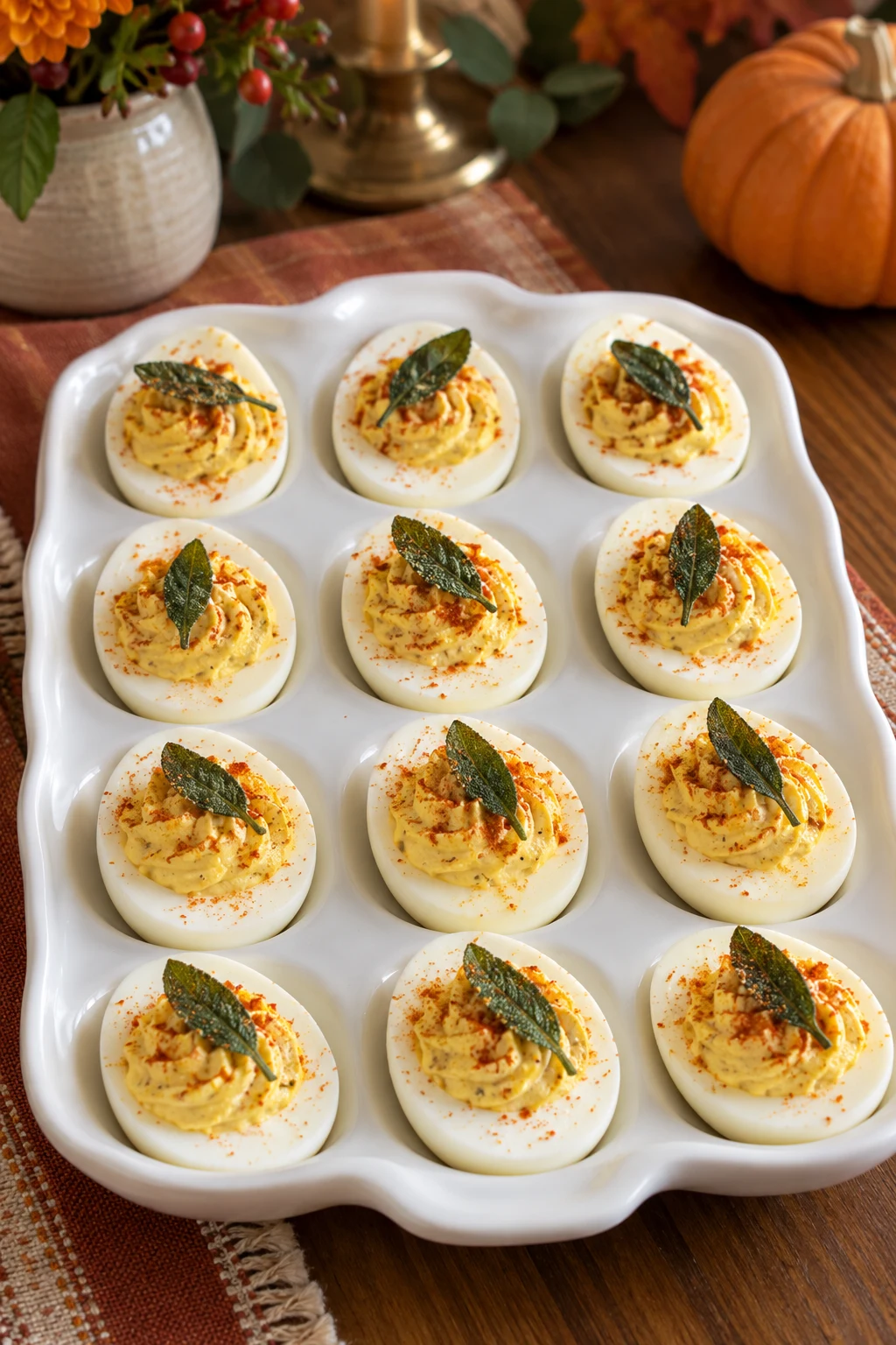 Classic deviled eggs topped with crisp sage leaves and paprika