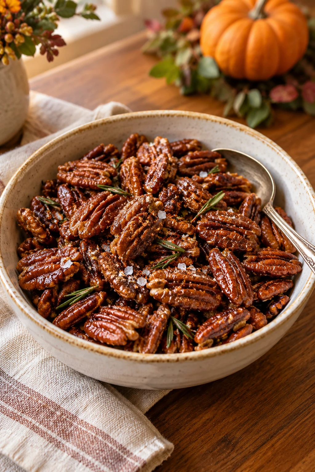 Bowl of glossy candied pecans with cinnamon rosemary and flaky salt