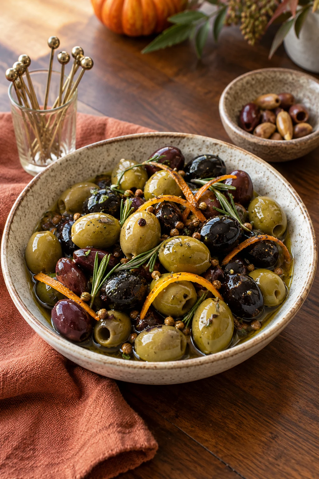 Mixed green and black olives marinated with orange peel rosemary and spices