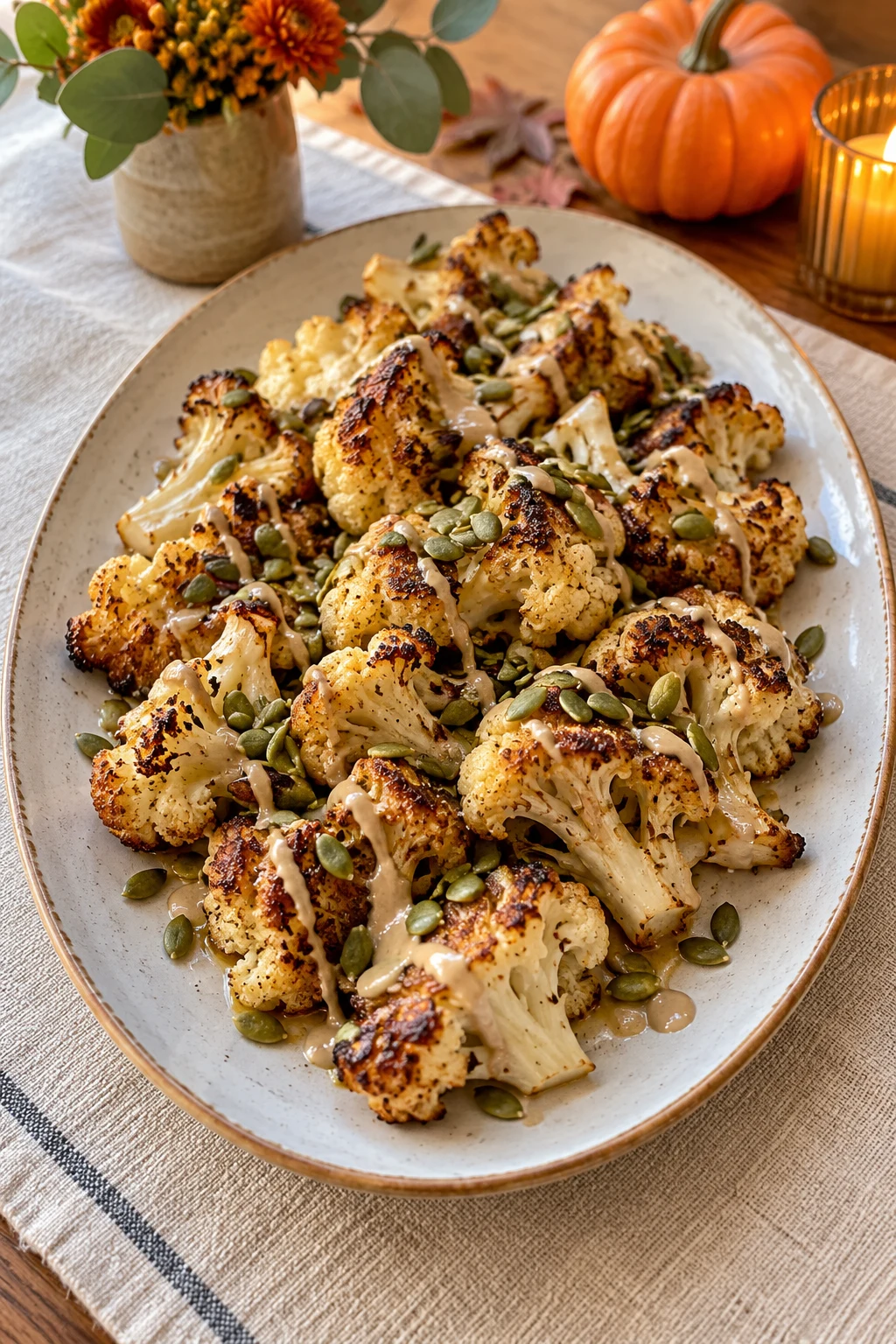 Roasted cauliflower appetizer bites drizzled with maple tahini and pepitas