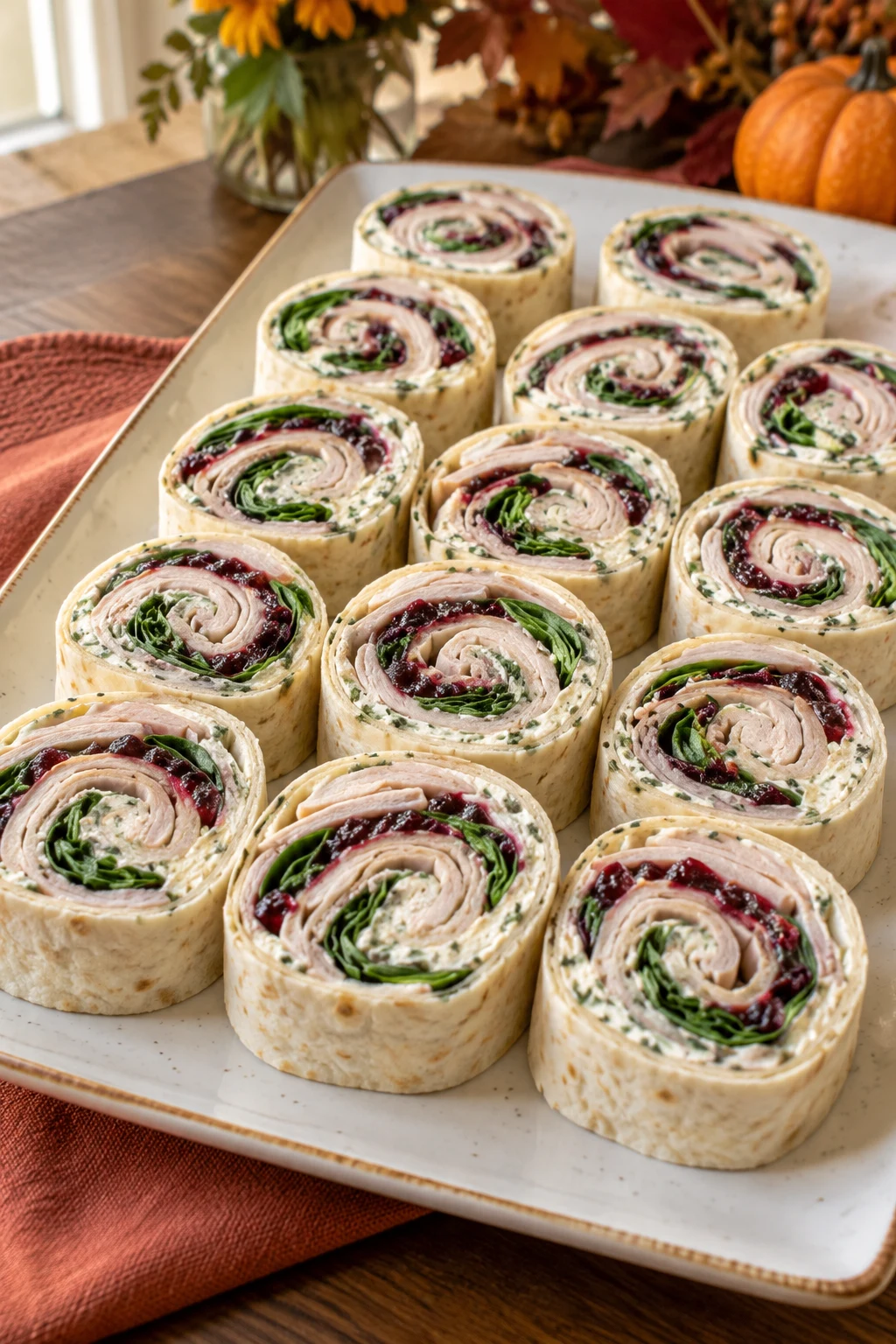Cranberry turkey tortilla pinwheels arranged in neat spirals on a platter