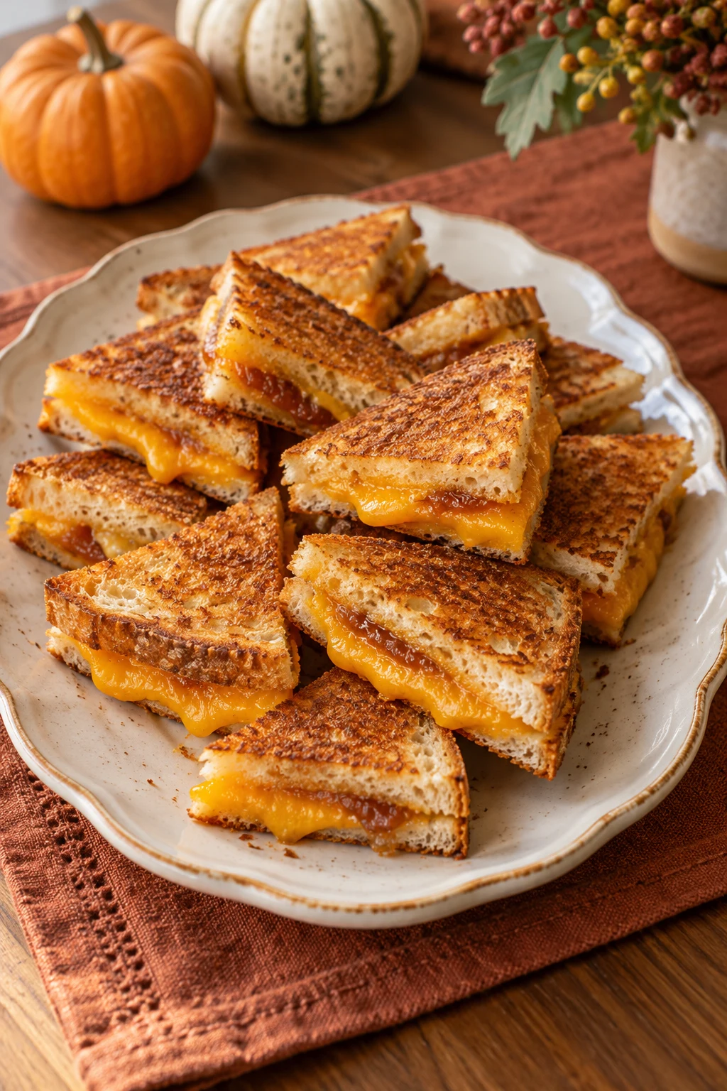Mini grilled cheese triangles filled with cheddar and apple butter