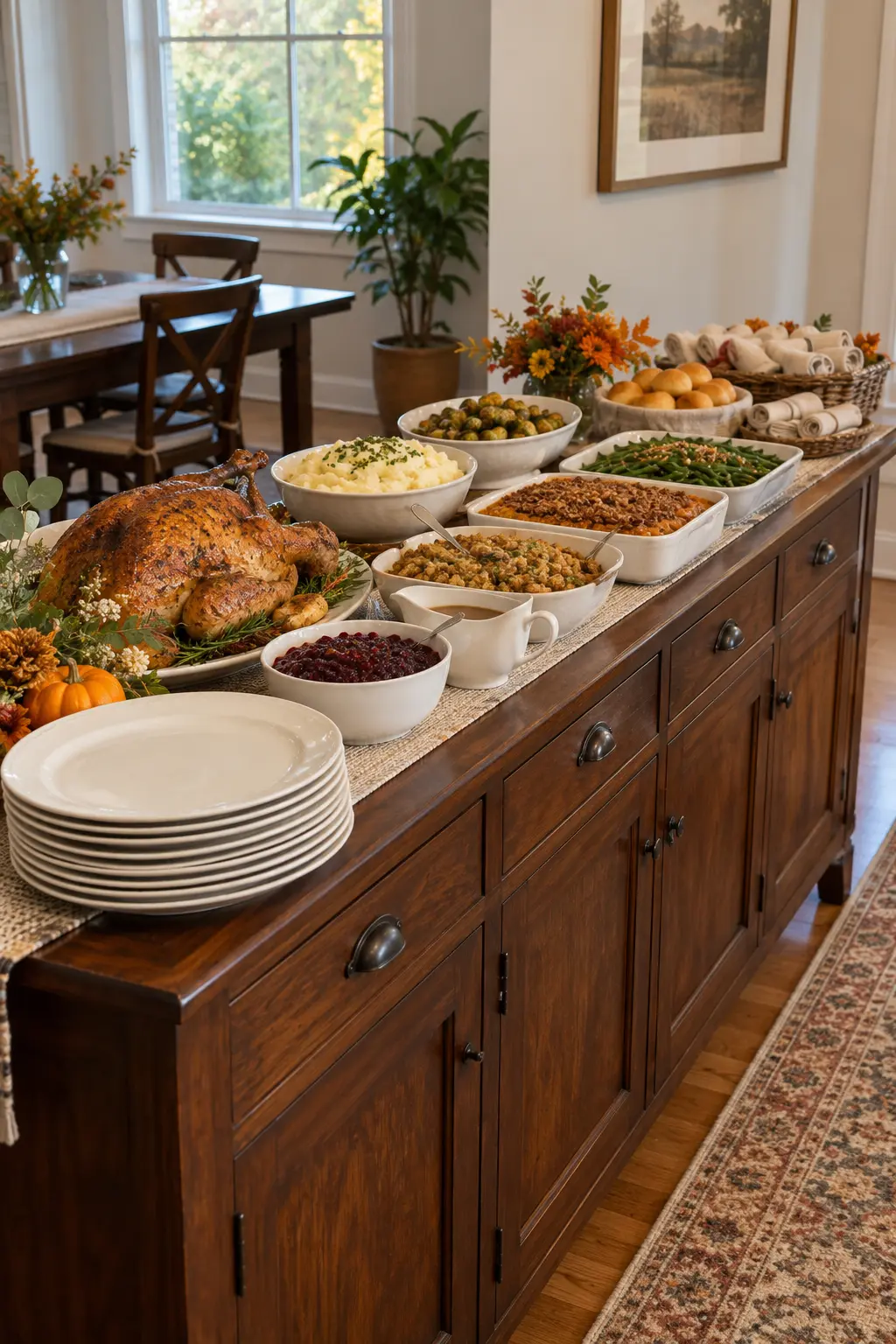 Thanksgiving buffet arranged in one direction along a dining room sideboard with plates at the entrance