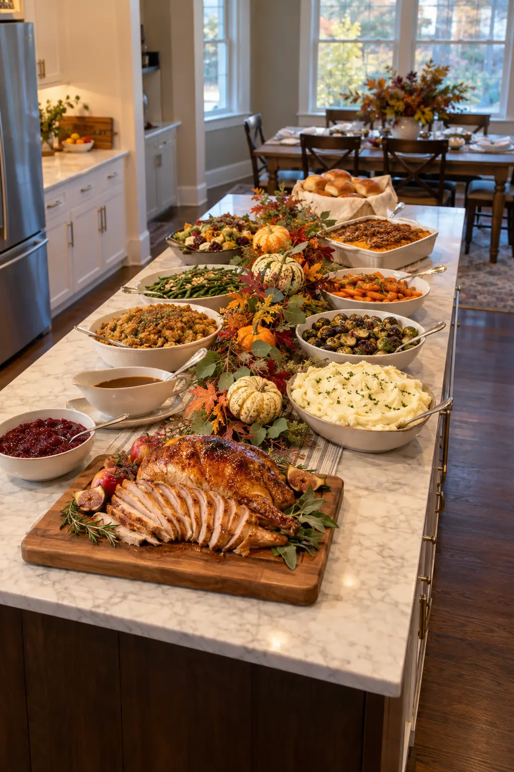 Large Thanksgiving buffet arranged down the center of a kitchen island for serving from both sides