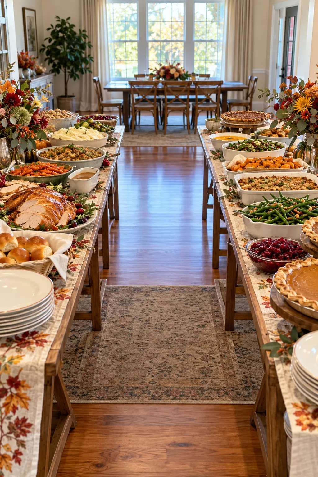 Two parallel Thanksgiving buffet tables creating separate serving lanes for a large gathering