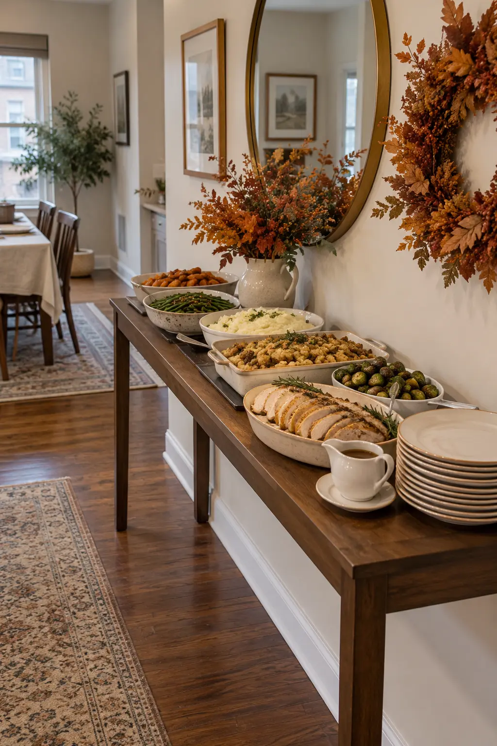 Compact Thanksgiving buffet on a narrow console table in a small apartment