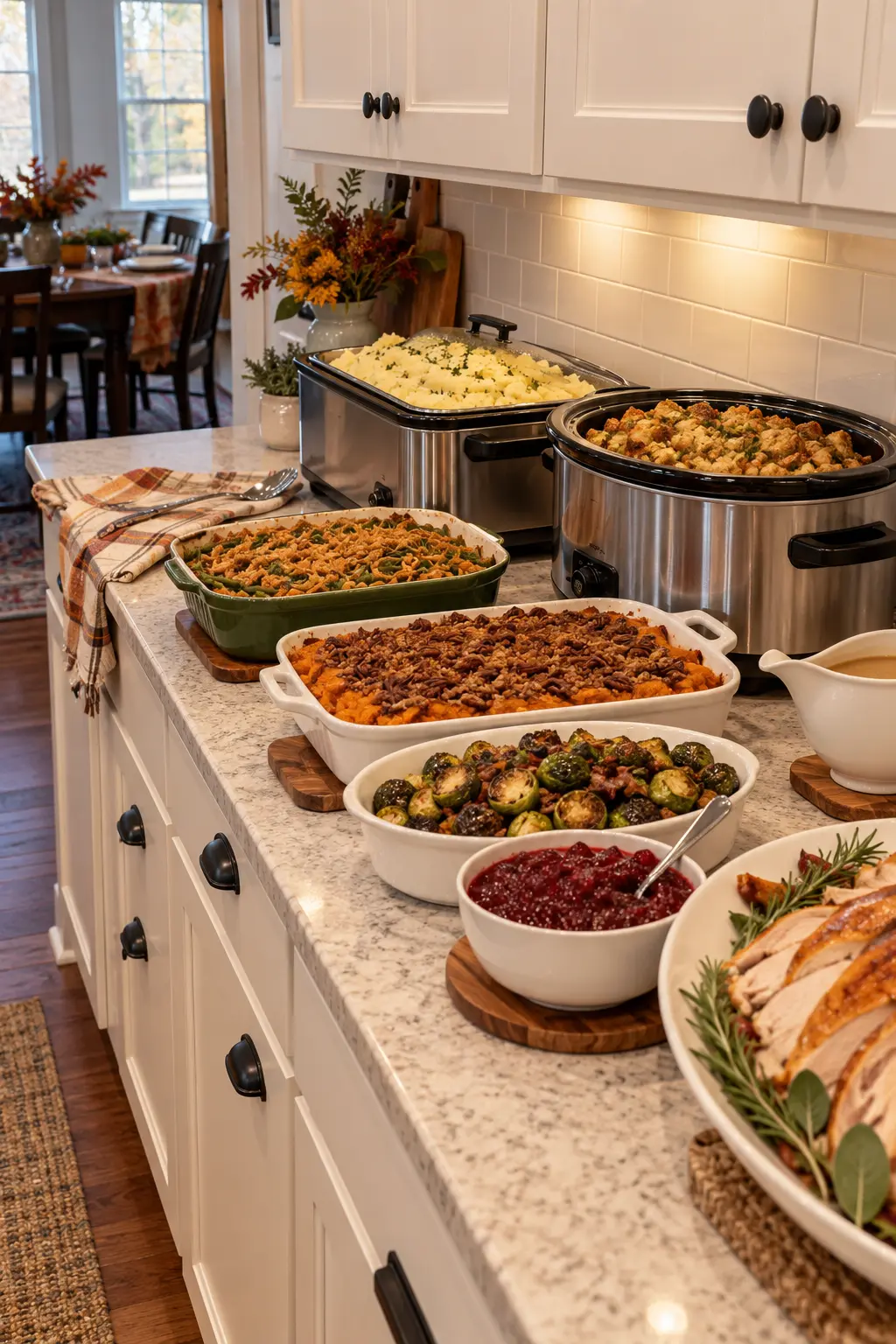 Thanksgiving hot-food buffet on a kitchen counter beside safely placed warming appliances