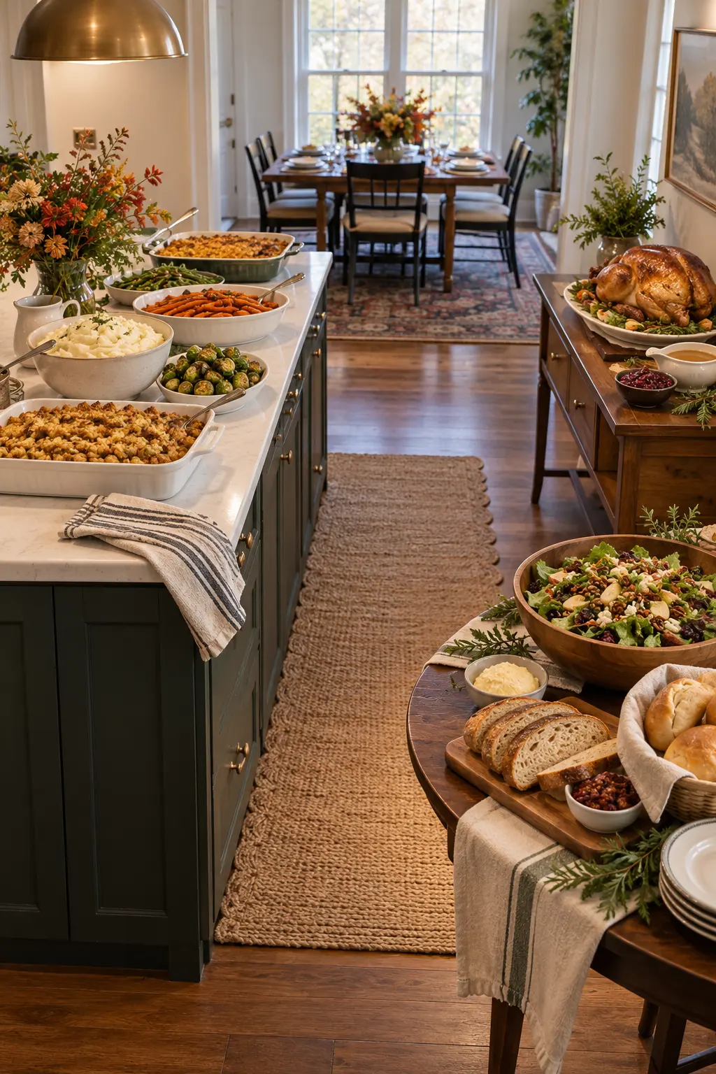 Thanksgiving meal divided into separate main dish, side dish, and salad serving stations