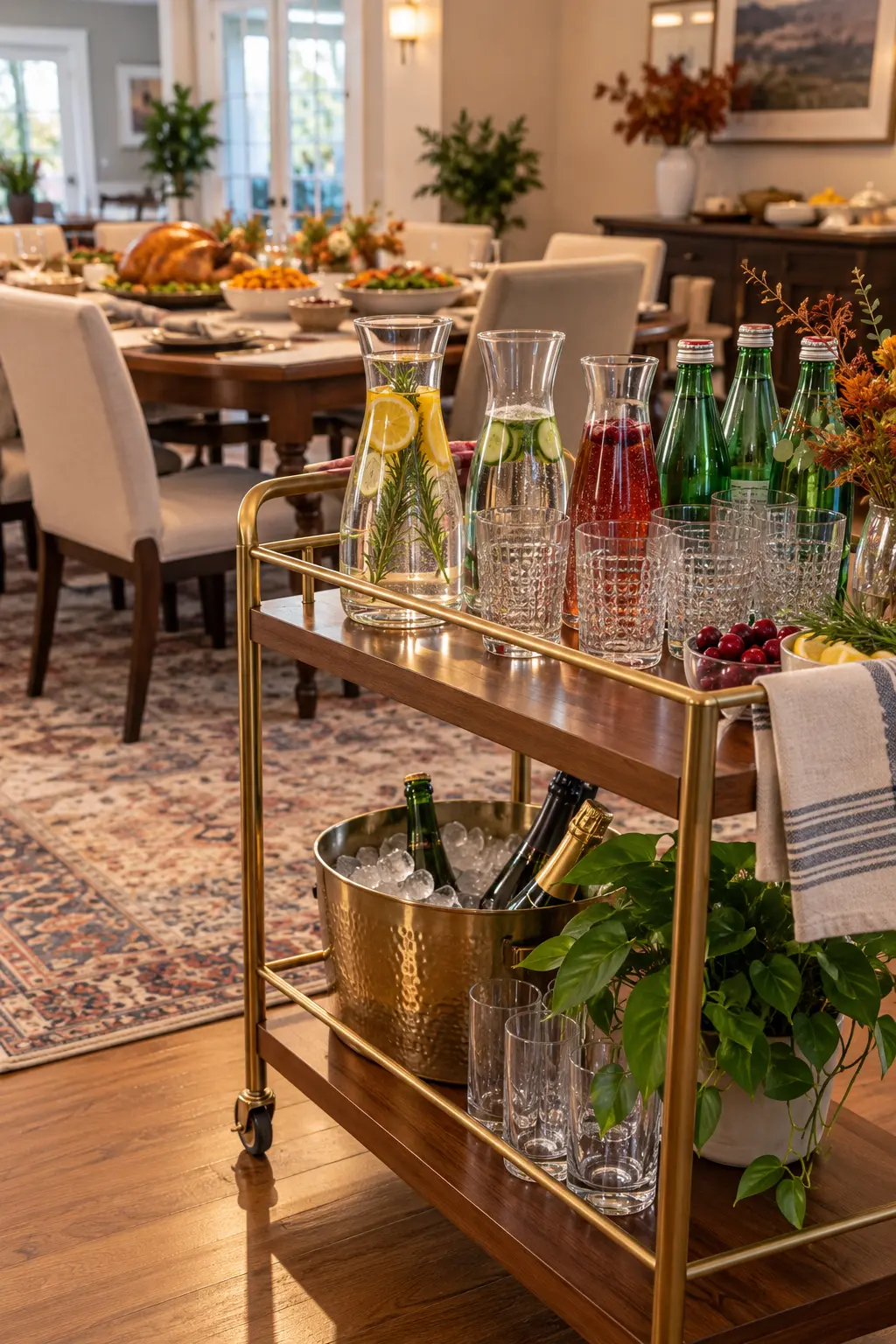 Thanksgiving beverage cart with water, glasses, and simple drinks away from the food buffet