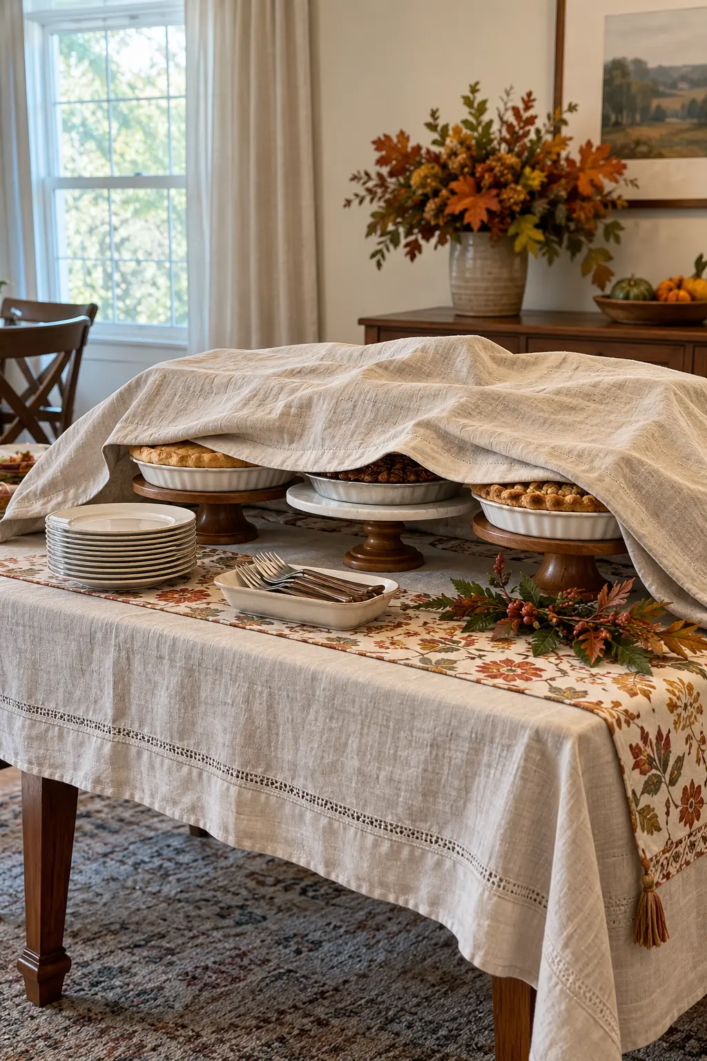 Thanksgiving dessert table staged with covered pies and plates before being opened after dinner