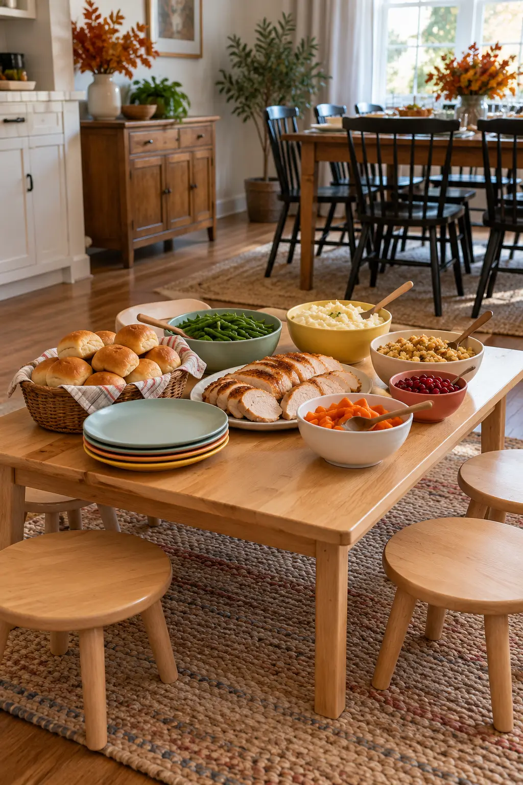 Low Thanksgiving serving table with child-friendly portions and sturdy tableware