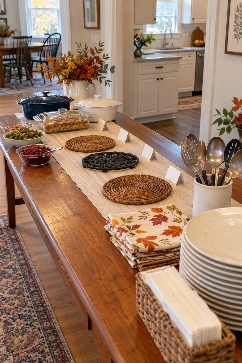 Thanksgiving potluck drop-off table with trivets, labels, and space for arriving dishes