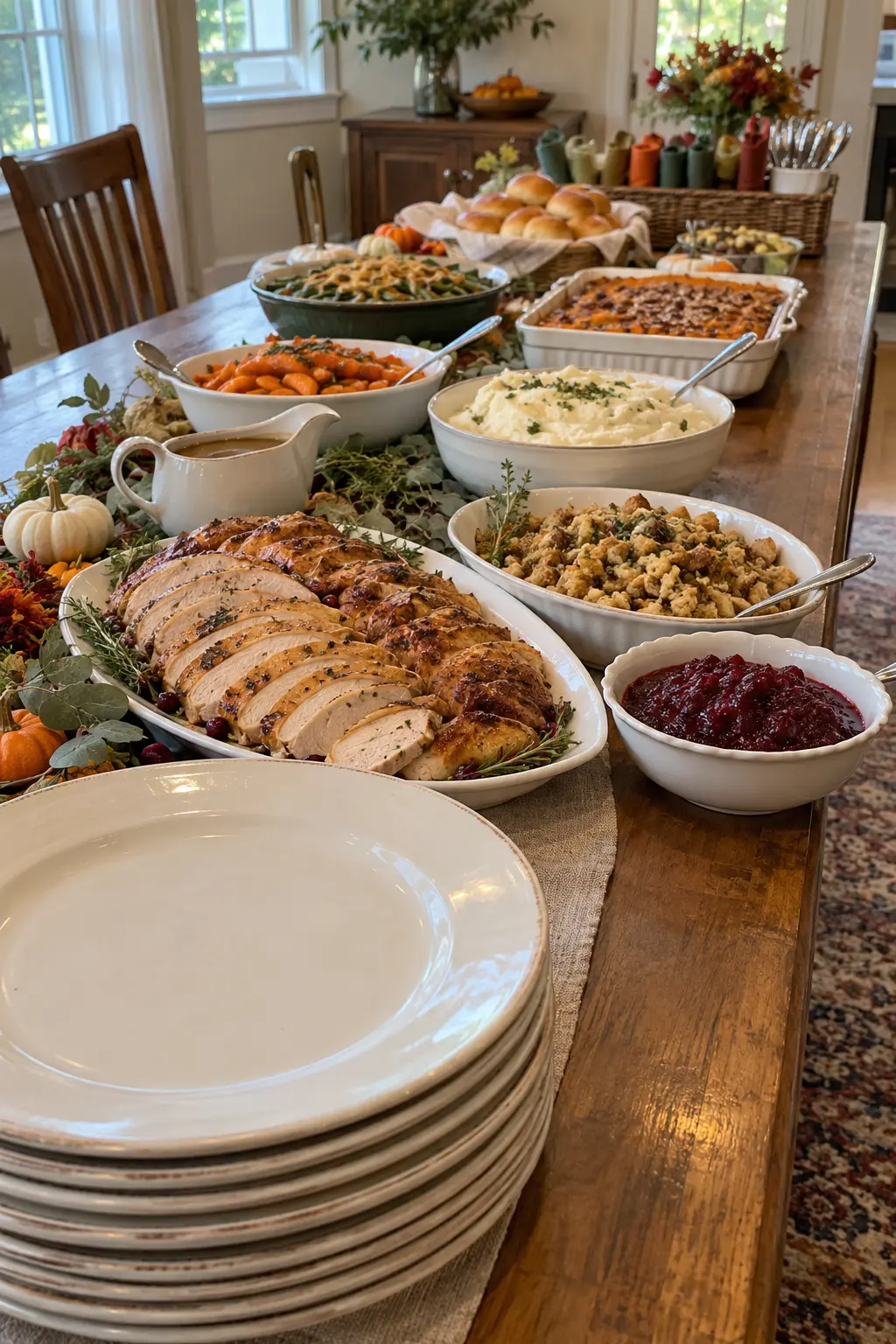 Thanksgiving buffet line beginning with stacked plates and ending with rolled flatware