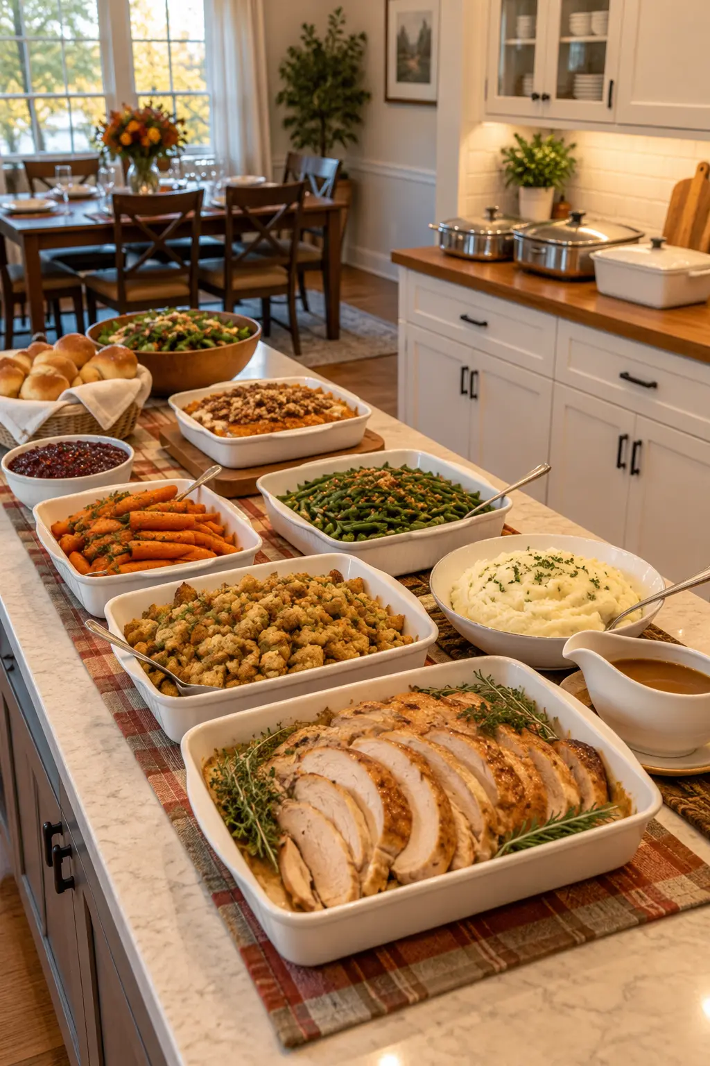 Thanksgiving side dishes served in smaller trays with covered backup portions nearby