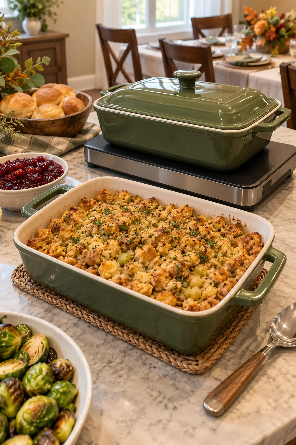 Matching Thanksgiving casserole pans prepared for a quick buffet refill swap