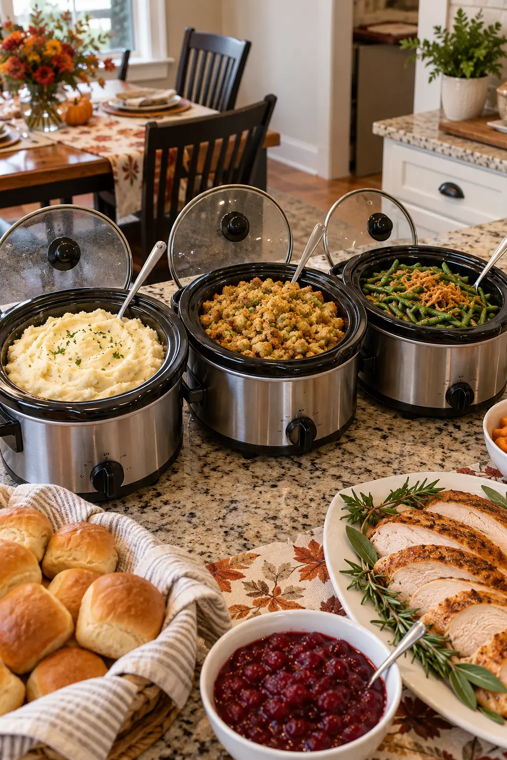 Row of compact slow cookers holding Thanksgiving sides on a protected serving counter