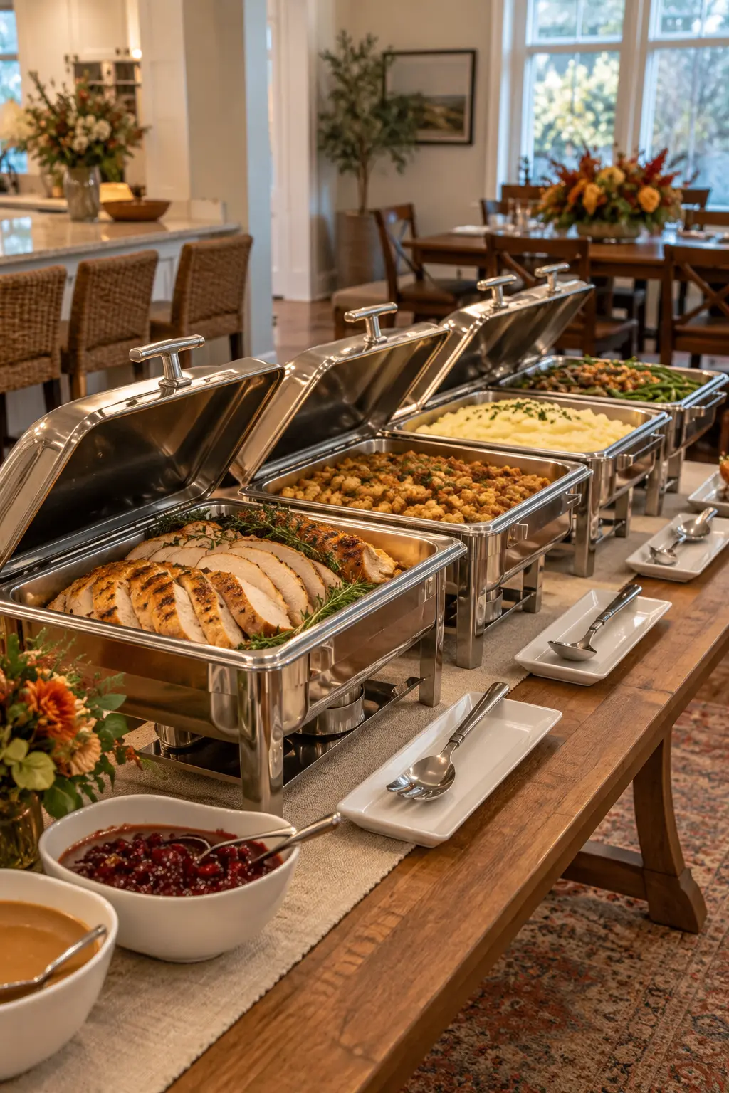 Home Thanksgiving buffet with covered chafing dishes arranged safely in one hot-food zone
