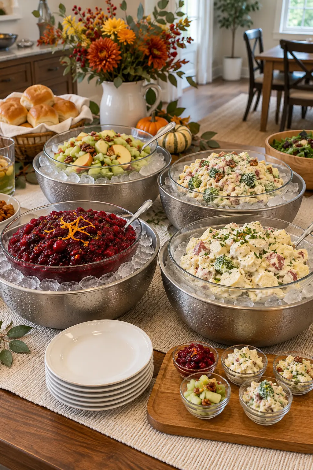 Thanksgiving cold side dishes nested in larger bowls of ice on a buffet