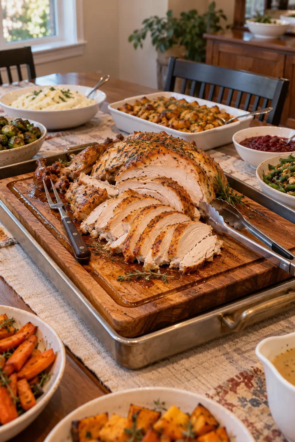 Carved Thanksgiving turkey on a sturdy board set inside a rimmed catch tray