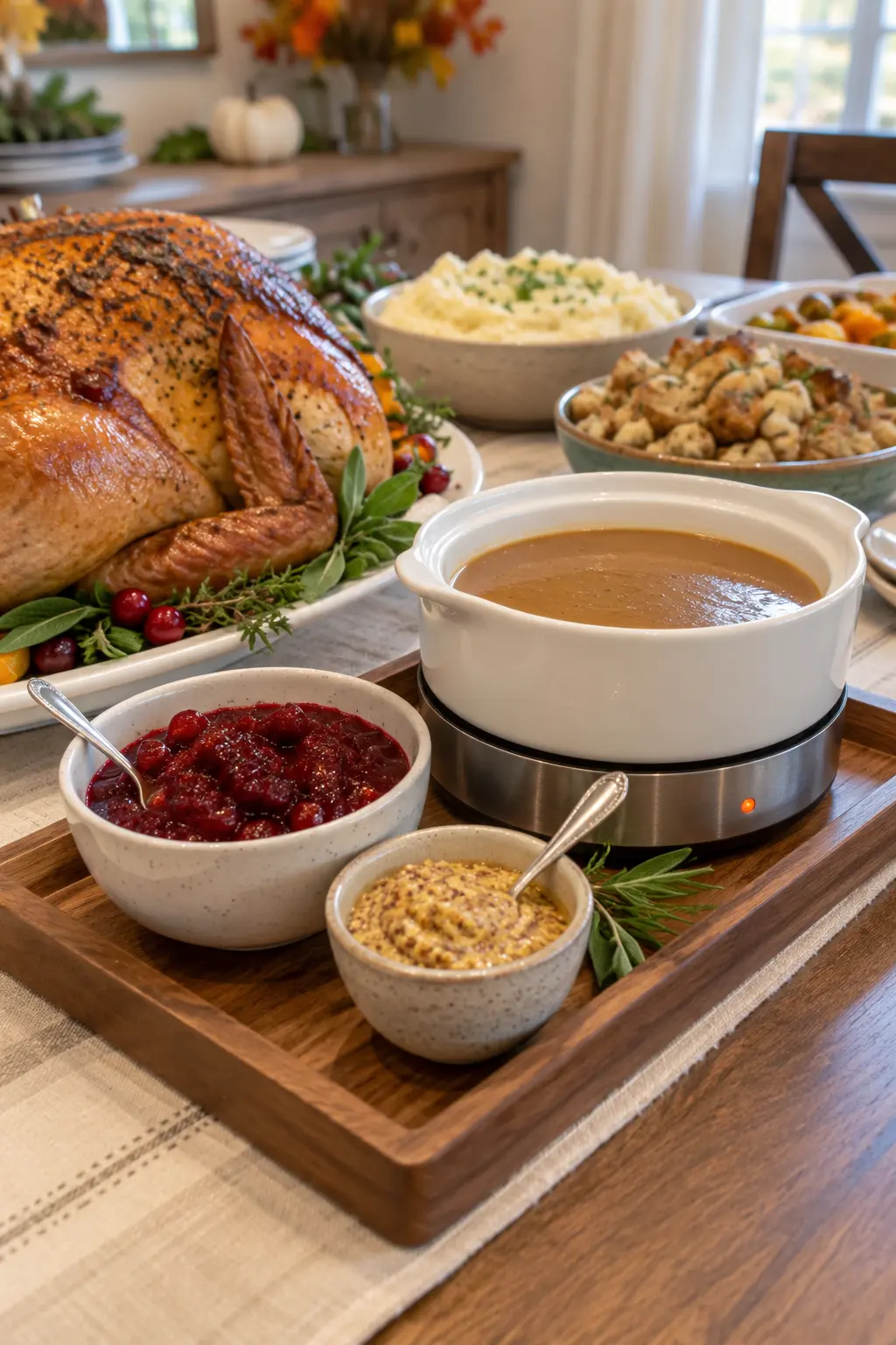 Thanksgiving gravy and sauces kept warm in small labeled serving vessels
