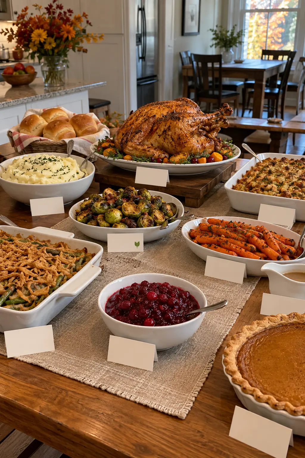 Simple blank buffet tent cards positioned in front of Thanksgiving dishes