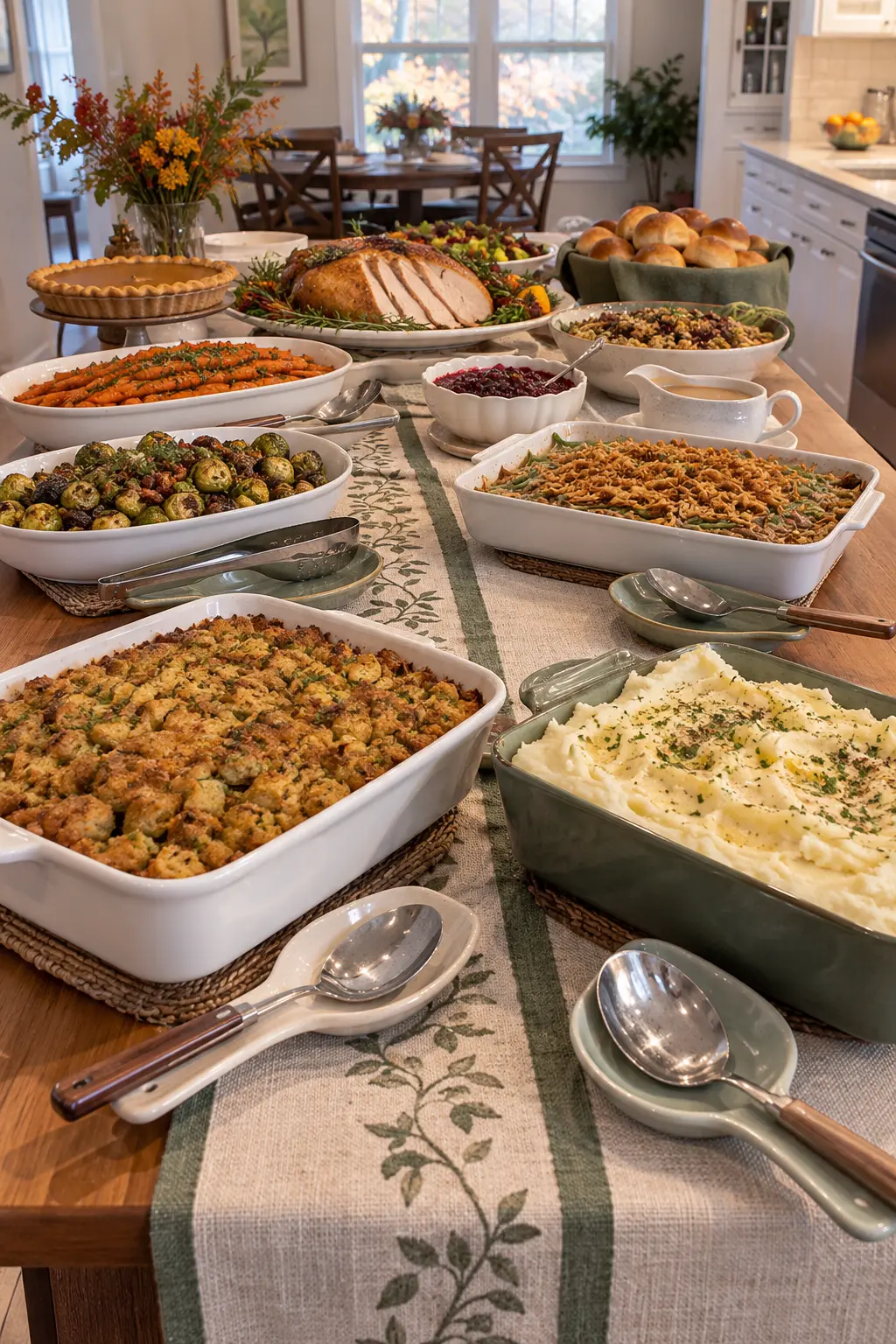 Small saucers and spoon rests beside Thanksgiving buffet dishes for used serving utensils