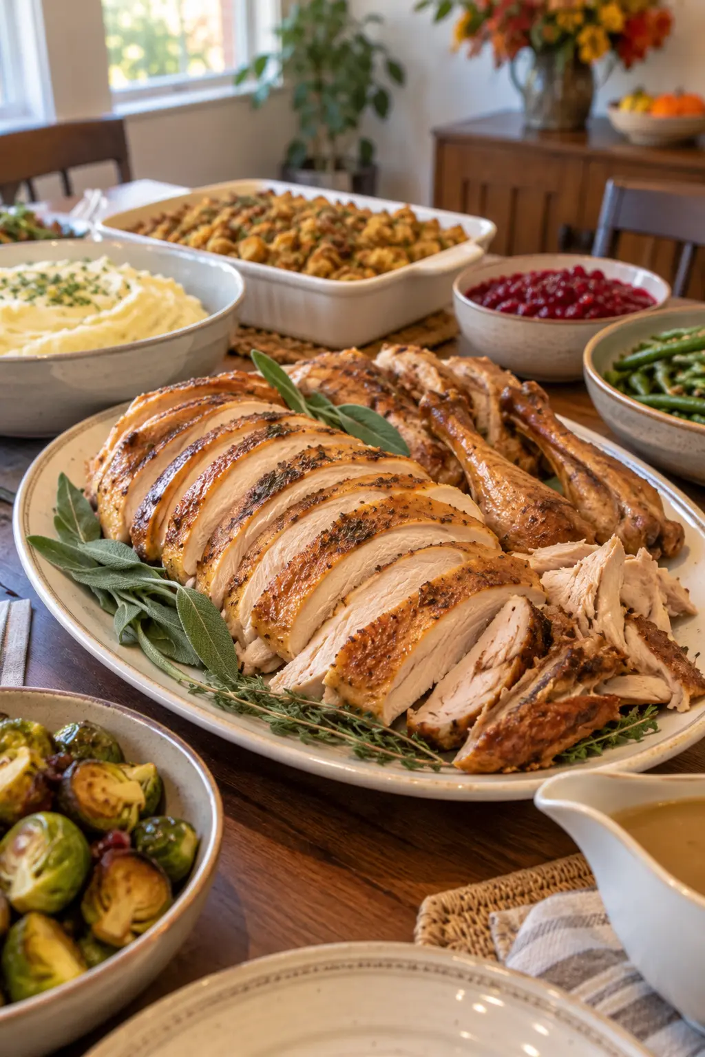 Thanksgiving turkey sliced and fanned on a warm serving platter with herbs