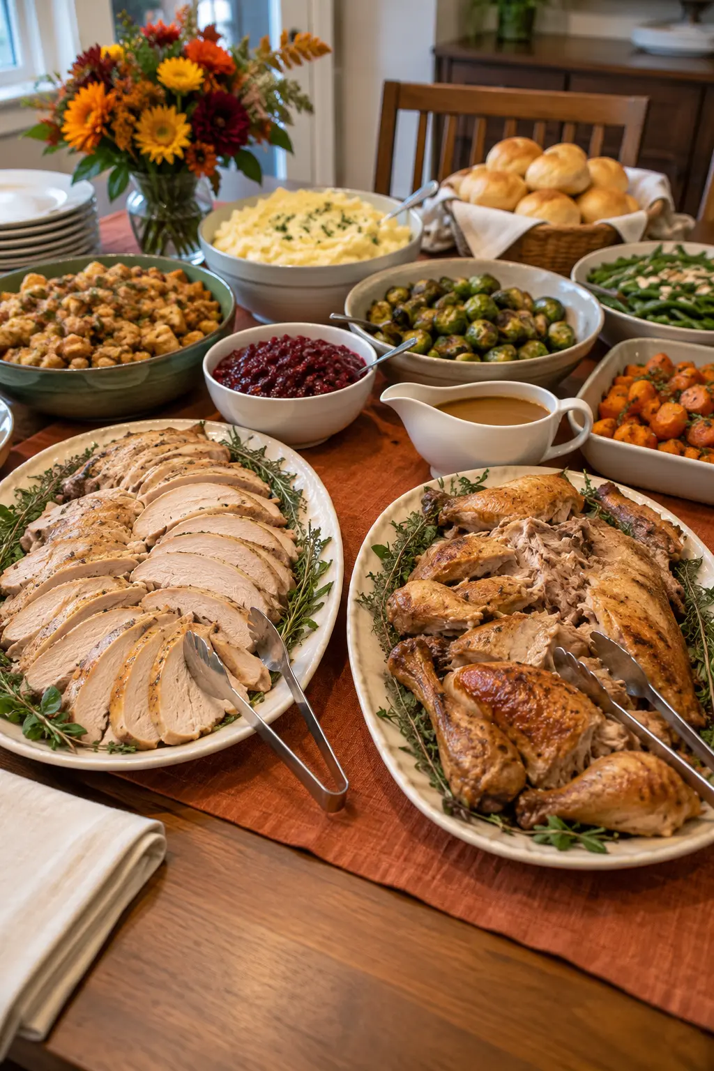 Separate Thanksgiving platters for sliced white turkey meat and dark turkey meat