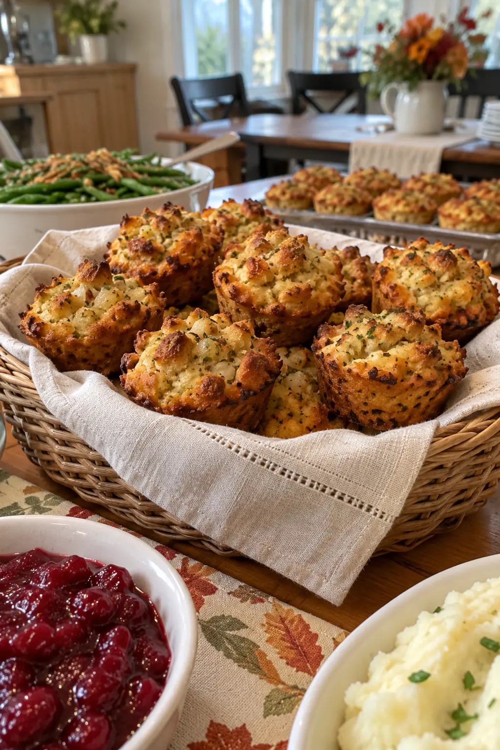 Basket of individual stuffing muffins on a Thanksgiving buffet