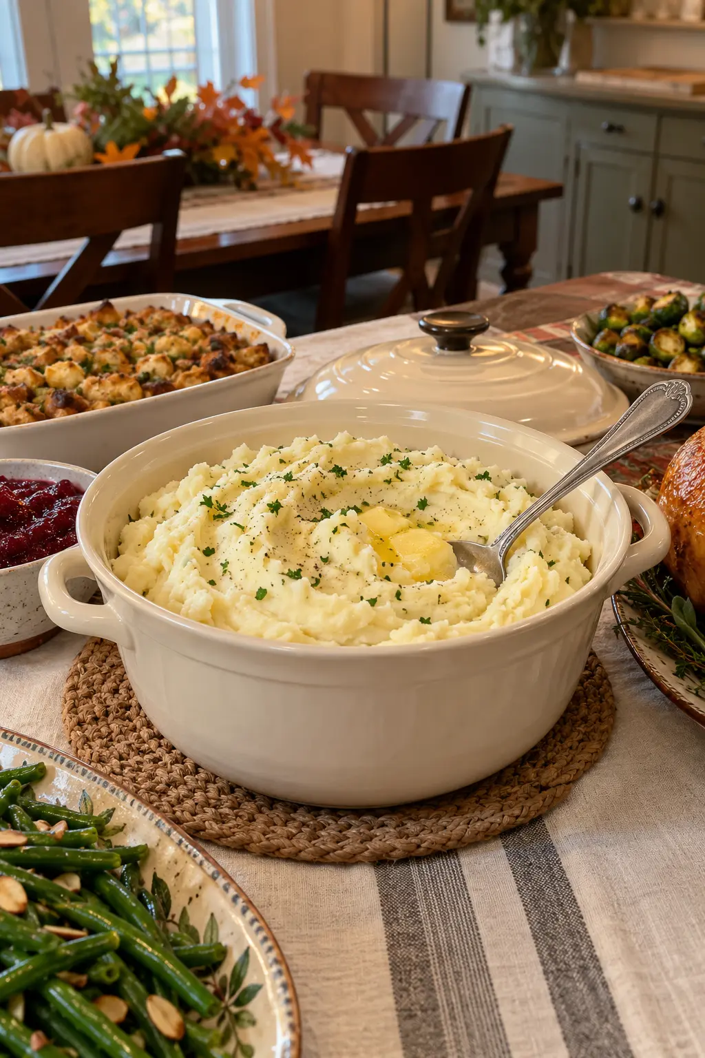 Creamy mashed potatoes kept warm in a ceramic crock on a Thanksgiving buffet