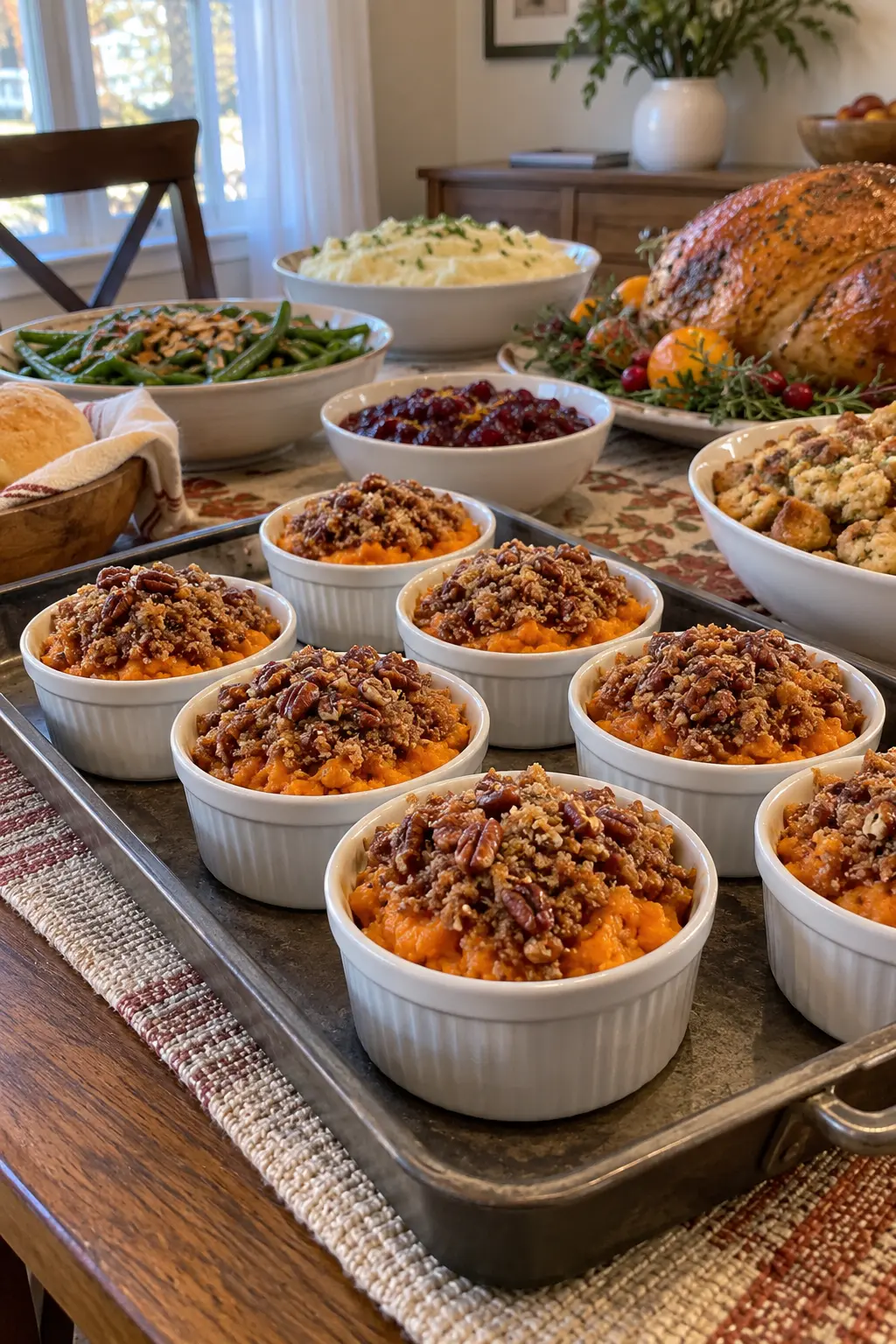 Small ramekins of sweet potato casserole arranged on a Thanksgiving buffet tray
