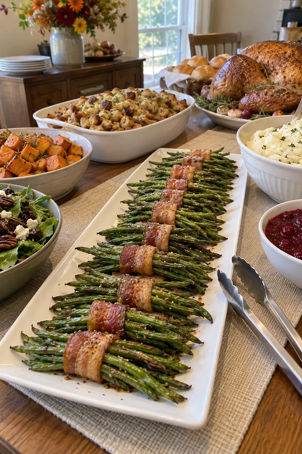 Tidy roasted green bean bundles lined on a Thanksgiving serving platter