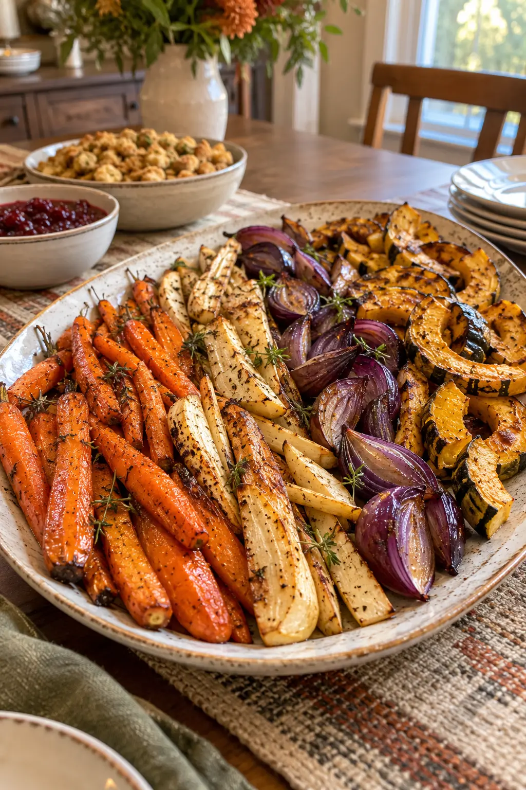 Colorful roasted carrots, parsnips, and squash arranged on a wide Thanksgiving platter