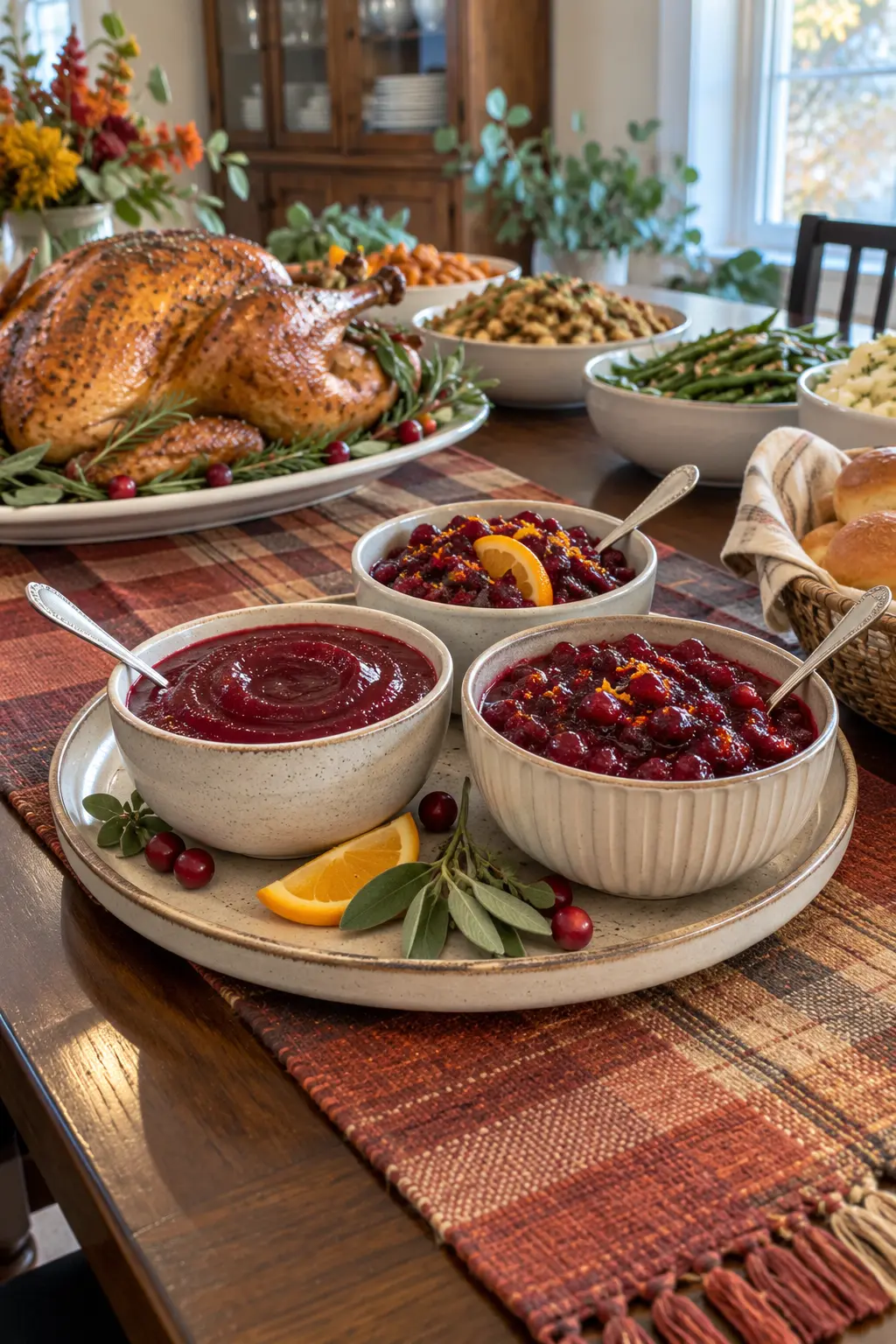 Three small bowls of cranberry sauces and relishes grouped on a Thanksgiving tray