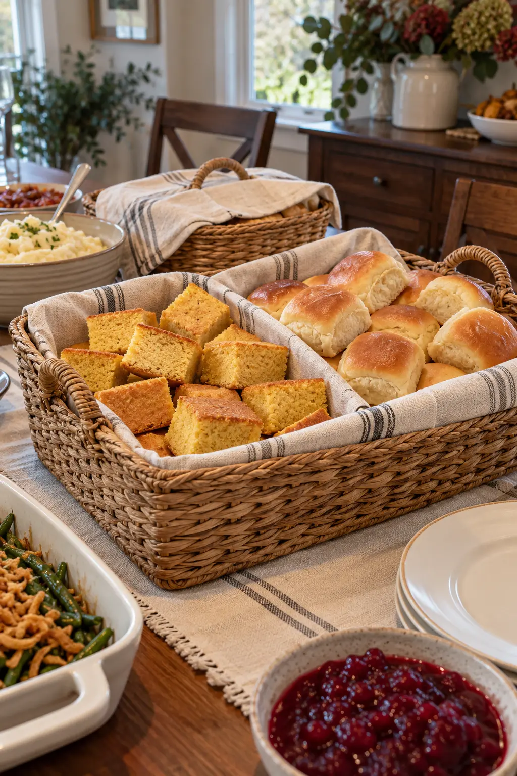 Thanksgiving bread basket divided between cornbread squares and dinner rolls